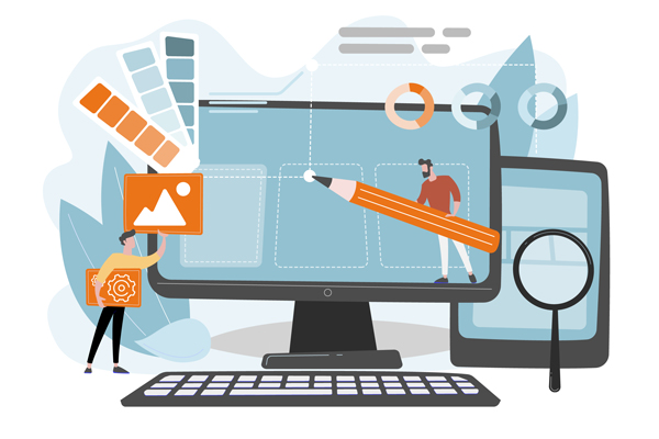 Illustration vectorielle montrant deux personnages travaillant sur la mise en conformité de l'accessibilité de leur outil numérique